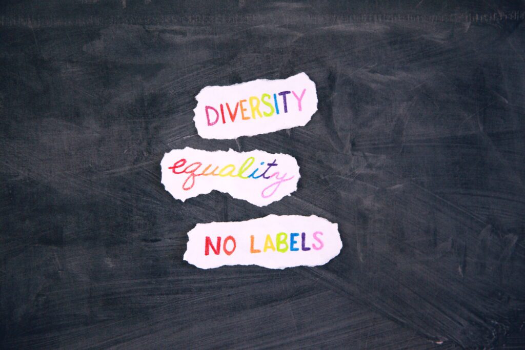 chalk grey back ground three torn bits of white paper with rainbow lettering saying diversity equality and no lables - illustrating and article on genital autonomy - intersex