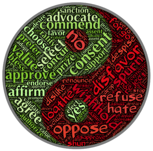 Red and green yin-yang symbol with green words of consent and agreement and red words of disagreement and opposition- illustration those opposed to genital autonomy