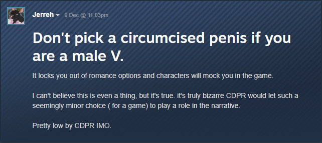cyberpunk 2077 steam comment about a bug in game that makes having a circumcised penis detrimental