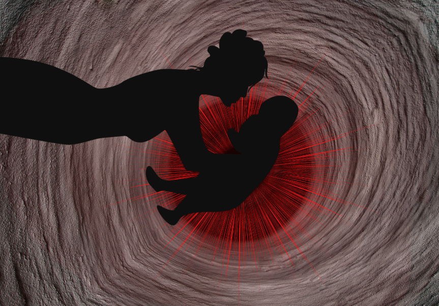 shil;loute image of a mother holding her baby at arms length background is a browm swirl leading to a center red swirl - illustrating the artilce The family penis