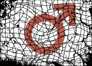 male symbol on a white background, with browkn black lines all over like a web, illustrrating the fractured nature of Questioning Tradition