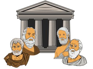 four white beardeded old men busts, against a temple, for the purpuse of Questioning Tradition circumcision