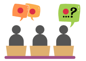 three people silouettes, two with orange speech bubbles and red circles, one with aa green speech bubble and a read circle and black questionmark, asking Questioning Tradition