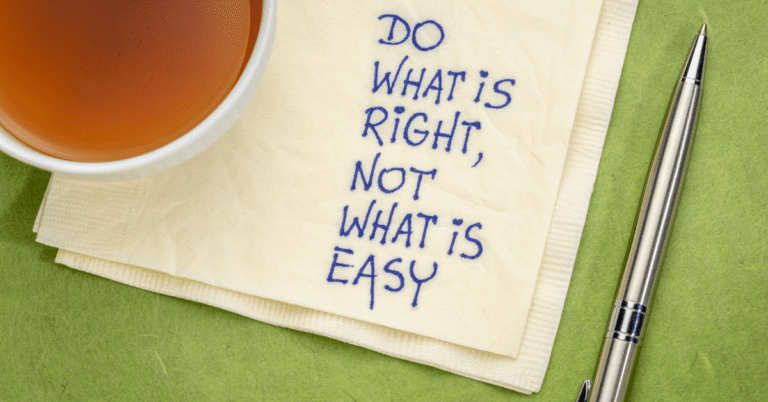 do what is right not what is easy, written in blue ink on a white napkin, with a pen and tea up on either side, with a light green background, illustrating the atricle, Religious Circumcision Practices
