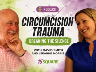 Circumcision trauma, breaking the silence, featuring David Smith in a pink check shirt and Leeanne Morris in a deep blue dress, talking deeply about disenfranchised grief.